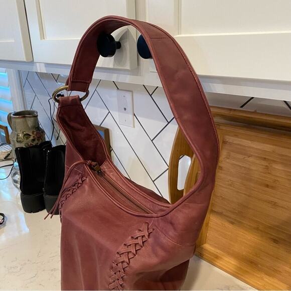 The SAK Skye Leather Boho Bucket Shoulder Bag Tassle Braided Cabernet Red - Picture 8 of 13